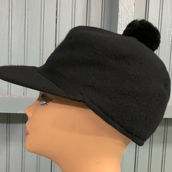 Black Fleece Hunting Trapper Pom Made In USA Ear Flaps 7 3/8 Langenberg Hat Cap - Picture 2 of 10